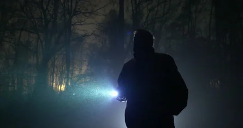 Woods-Flashlight Man Exits-Searching-Close-SloMo-4K-ProRes Stock Footage 228835485