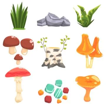 Woods Landscape Natural Elements, Plants And Mushrooms Stock Illustration
