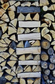 Woods log in different sizes put together making beautiful art background and Stock Photos