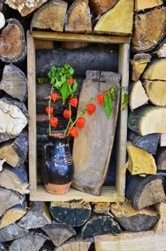 Woods log in different sizes put together making beautiful art background and Foto stock