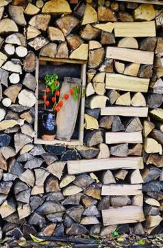 Woods log in different sizes put together making beautiful art background and Stock Photos