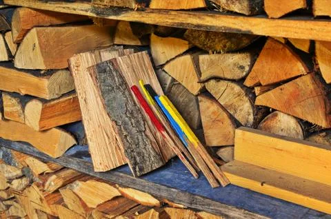 Woods log in different sizes put together making beautiful art background and Stock Photos