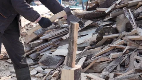 Woodsman splitting log with axe in slow motion Vidéo 309043044