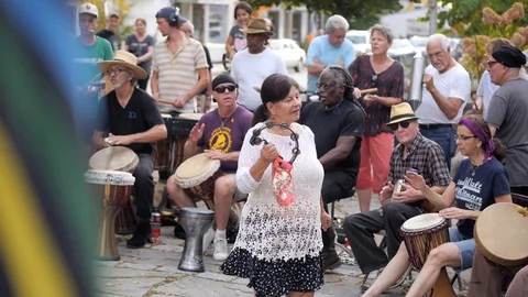 Woodstock Drum Circle lady dance Stock Footage