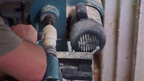 Woodturning on Lathe in Workshop Stock Footage 321385904
