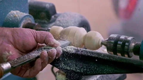 Woodturning on Lathe in Workshop Stock Footage 321386385