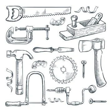 Woodwork and carpentry tools set. Vector sketch illustration. Wood material a Illustrazione stock