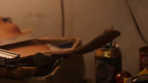 Woodwork bench with many tools, slider shot Stock Footage 73674908