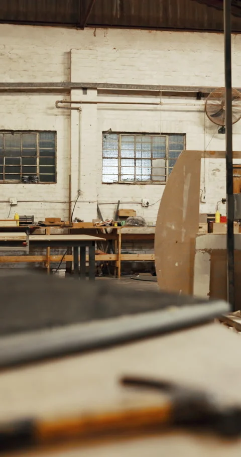 Woodwork, industry and timber in empty workshop for furniture manufacturing Stock Footage 341081083