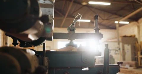 Woodwork, machine and carpentry in empty workshop of wood shaping, custom design Stock Photos