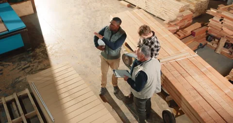 Woodwork, team and talking above in warehouse, timber inventory or manufacturing Stock Footage 341312352