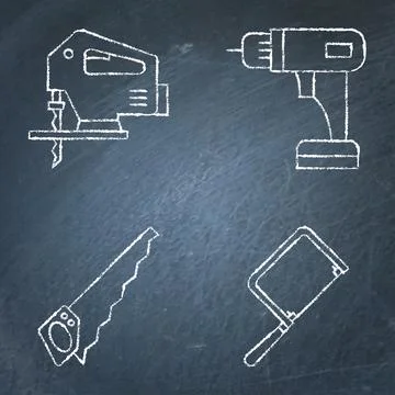 Woodwork tools chalkboard icon set Stock Illustration