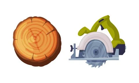 Woodworker and lumberjack objects set. Stump and circular saw vector イラスト素材