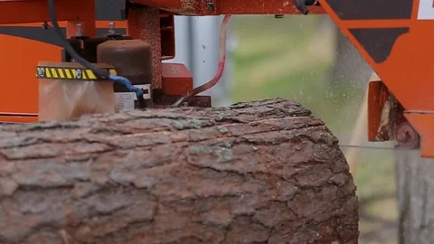 Woodworker splits tree log on industrial saw workbench at sawmill Stock Footage 134682152