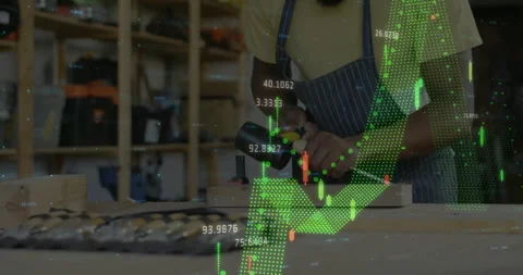 Woodworker tapping board with mallet and generating pulsing finance chart Stock Footage 312004948