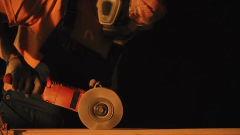Woodworker using grinding tool for polishing plank. Woodworking, carpentering Stock Footage 114693598