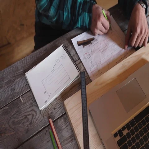 Woodworker work in his workshop with drawing equipment, paper, ruler, pencil and Stock Footage 69532241