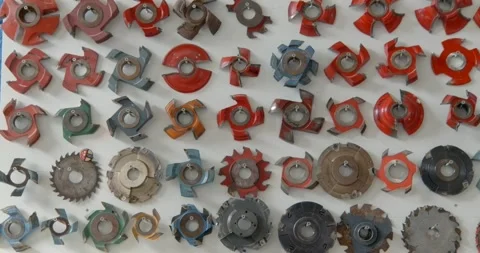 Woodworking blades hanging in a workshop Stock Footage 336048839