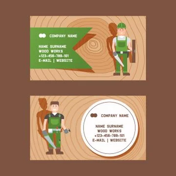 Woodworking carpentry services composition set of business cards with cutting Stock Illustration