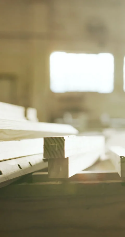 Woodworking, factory and lumber stack on table, manufacturing and material for Stock Footage 340604032