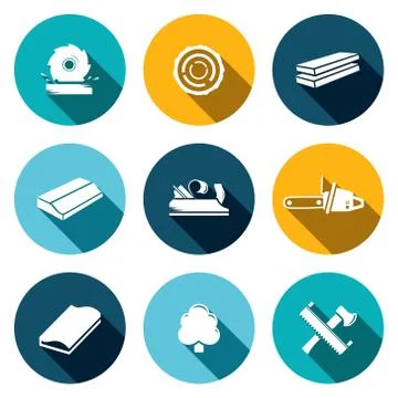 Woodworking flat icons set Stock Illustration