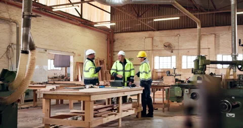 Woodworking, high five and men with laptop in factory, achievement or project Video stock 338048973