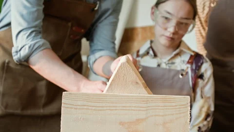 Woodworking Instructor Lighting Propane Torch and Burning Wooden Piece at Lesson Stock Footage 334421667