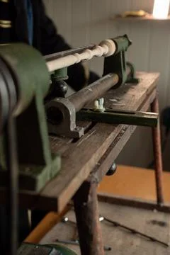 Woodworking lathe in the process of working Stock Photos