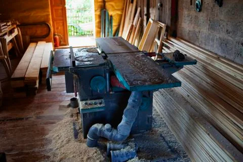 Woodworking machine in a private workshop Stock Photos
