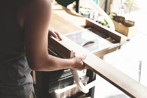 Woodworking operators are using plank cutting machines to assemble and build Stock Photos