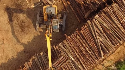 Woodworking plant. Loading logs. quadrocopter Stock Footage 70867518
