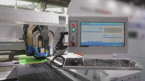 Woodworking stack, control panel of a woodworking machine with a cnc, working Stock Footage 111327664