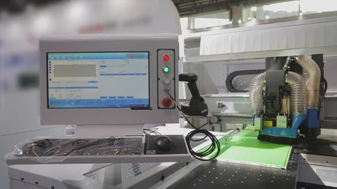 Woodworking stack, control panel of a woodworking machine with a cnc, working Stock Footage 113755016