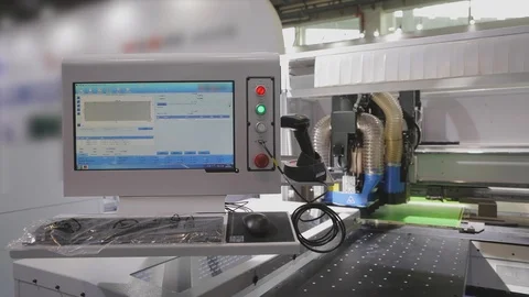 Woodworking stack, control panel of a woodworking machine with a cnc, working Stock Footage 114251314