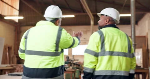 Woodworking, team and men with tablet in workshop, quality control or project Stock Footage 338050928