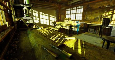 Woodworking tools and workspace illuminated by sunlight in a workshop Stock Illustration