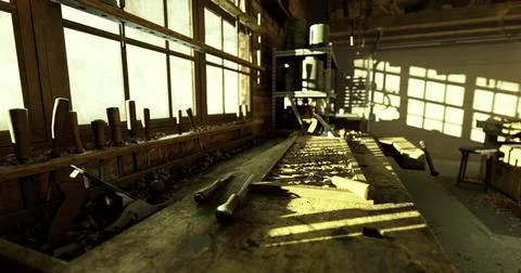 Woodworking tools arranged in a sunlit workshop during early afternoon hours Stock Illustration