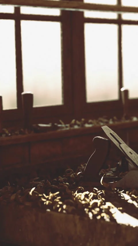 Woodworking tools located in workshop with natural light during daylight hours Stock Footage 334725119