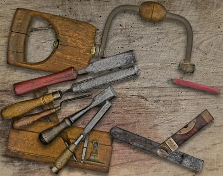 Woodworking tools over bench Stock Photos