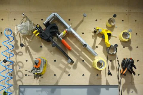 Woodworking tools placed on a stand, workshop at the fabricator lab Stock Photos