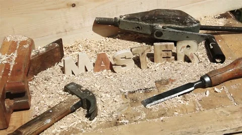 Woodworking tools in sawdust, master text. Stock Footage 51459133