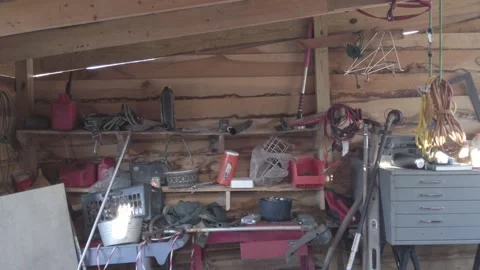 Woodworking Tools in Toolshed Hung against the Wall 스톡 동영상 200852570