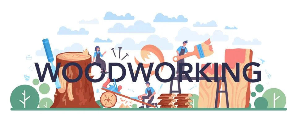 Woodworking typographic header. Carpenter processing wood-block. Builder working Stock Illustration