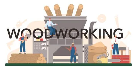 Woodworking typographic header. Logging and wood production process 스톡 일러스트