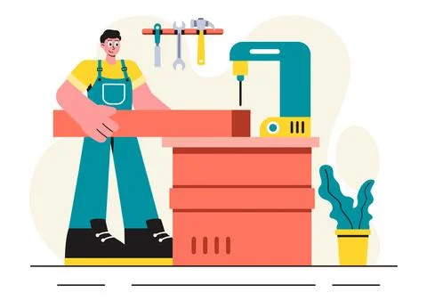 Woodworking Vector Illustration featuring Modern Craftsmen and Workers Prod.. Stock Illustration