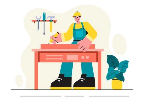 Woodworking Vector Illustration featuring Modern Craftsmen and Workers Prod.. Stock Illustration
