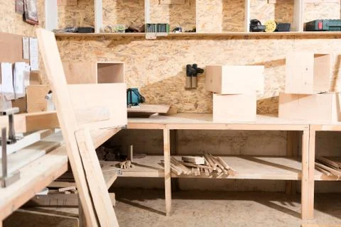 Woodworking workshop with different instruments Stock Photos