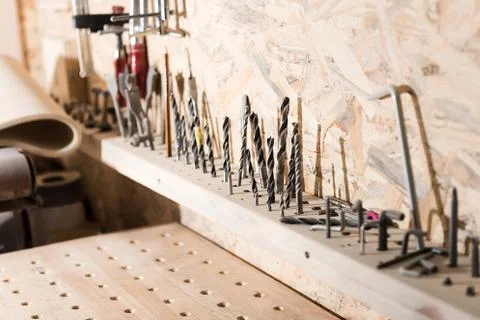 Woodworking workshop with professional devices Stock Photos