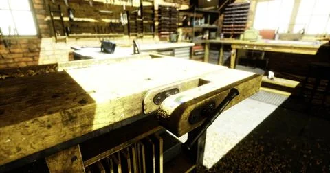 Woodworking workshop with sunlight streaming through windows and tools visibl Ilustración de archivo