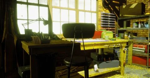 Woodworking workshop with tools and natural light in an industrial setting Stock Illustration